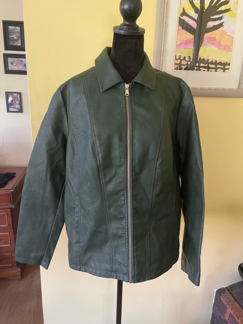 Baccini Forest Green Leather Zip-Up Bomber Jacket